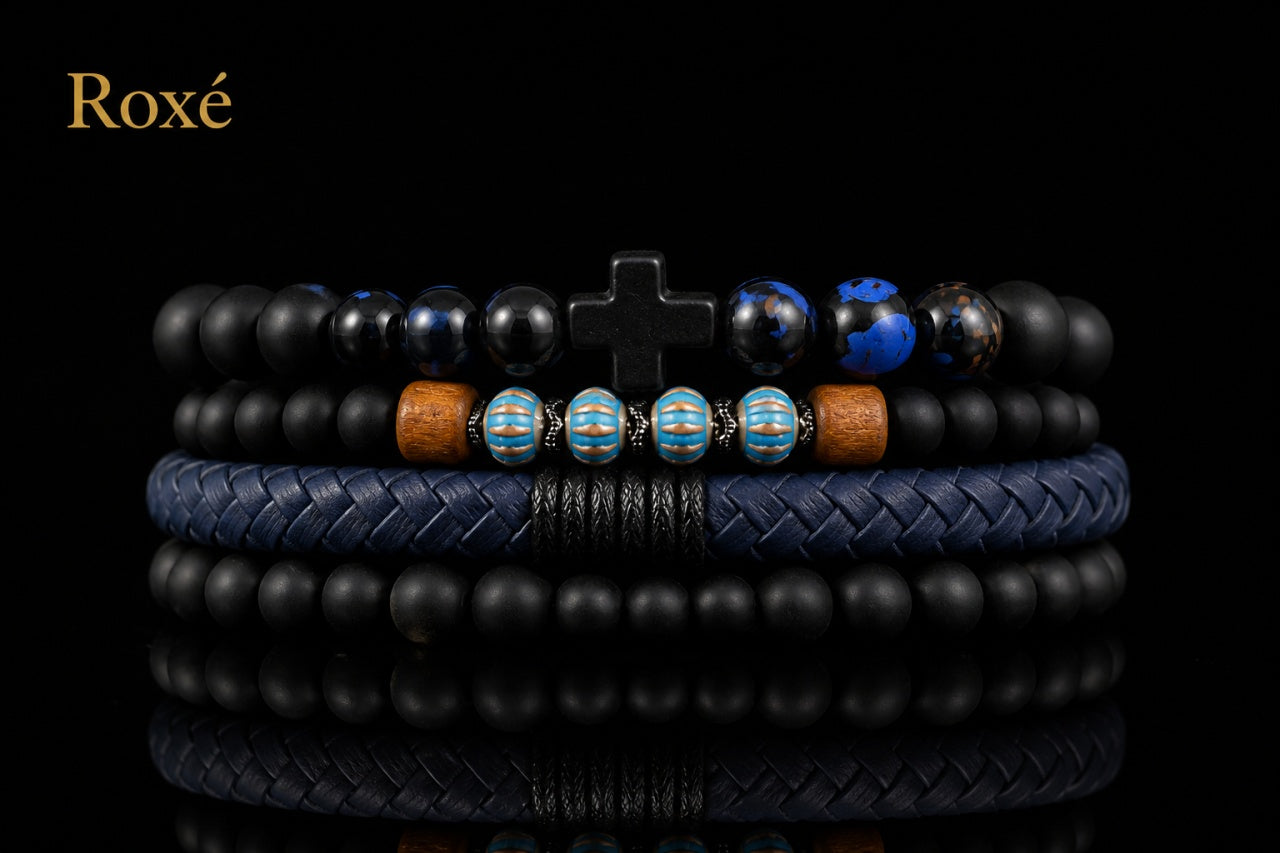 Set format din 3 bratari reglabile barbati cu cruciulita neagra si margele colorate Roxe