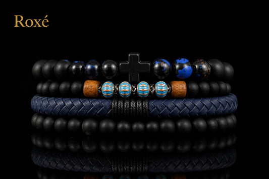 Set format din 3 bratari reglabile barbati cu cruciulita neagra si margele colorate Roxe