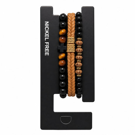 Set format din 3 bratari reglabile barbati margele negre maro si design impletit maro Roxe
