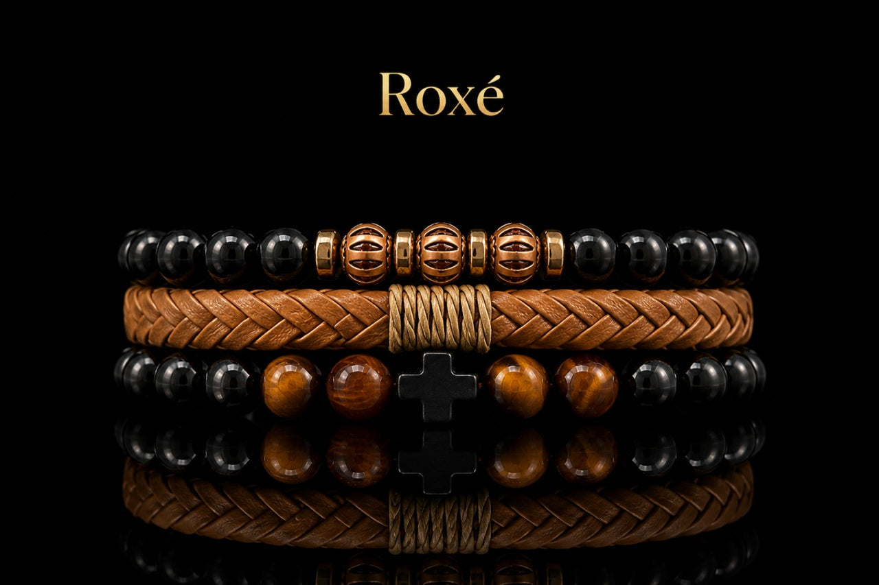 Set format din 3 bratari reglabile barbati margele negre maro si design impletit maro Roxe