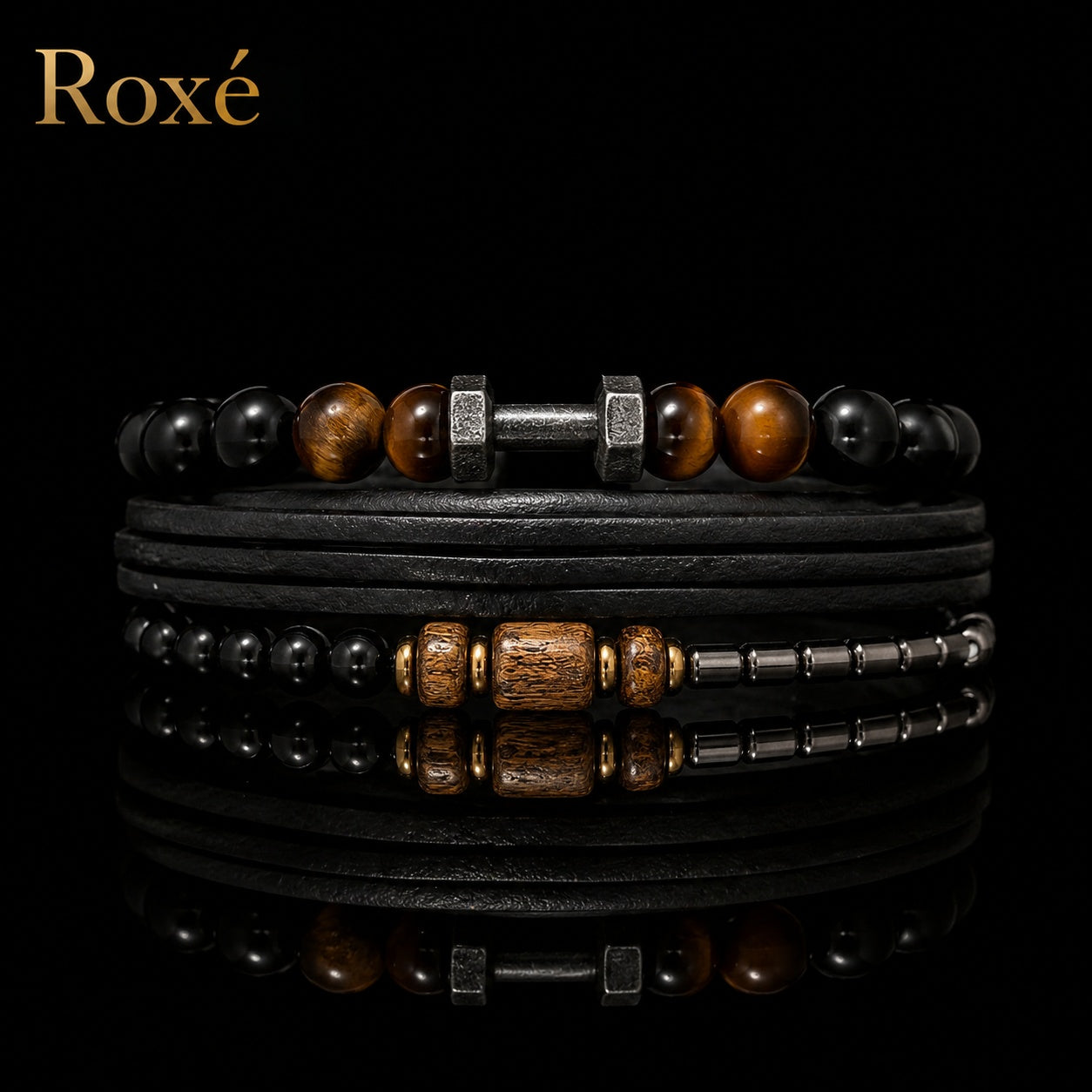 Set format din 3 bratari reglabile barbati margele negre si maro design modern Roxe