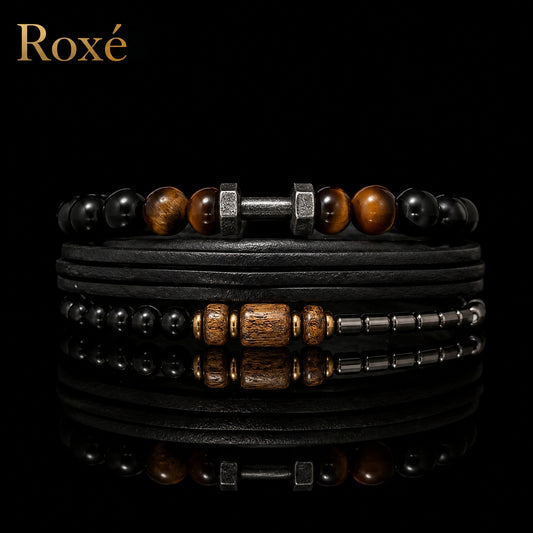 Set format din 3 bratari reglabile barbati margele negre si maro design modern Roxe
