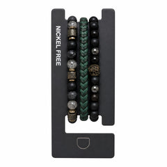 Set format din 3 bratari reglabile barbati margele negre texturate si design impletit verde Roxe