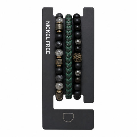 Set format din 3 bratari reglabile barbati margele negre texturate si design impletit verde Roxe