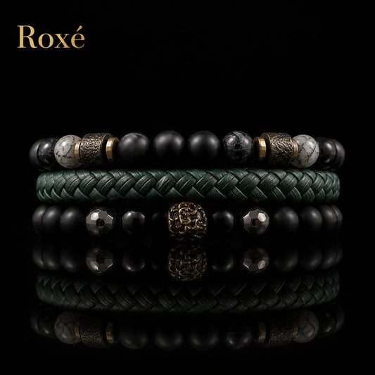 Set format din 3 bratari reglabile barbati margele negre texturate si design impletit verde Roxe