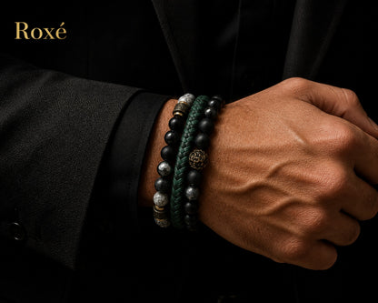 Set format din 3 bratari reglabile barbati margele negre texturate si design impletit verde Roxe