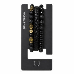Set format din 3 bratari reglabile de barbati piele sintetica si margele negre Roxe