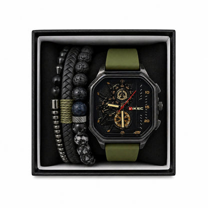 Set format din ceas si doua bratari barbati cadran negru curea verde Roxe