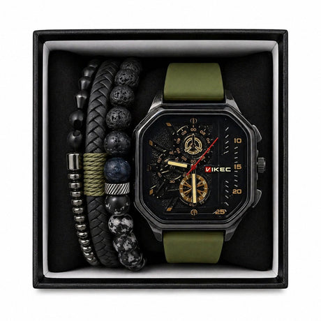 Set format din ceas si doua bratari barbati cadran negru curea verde Roxe