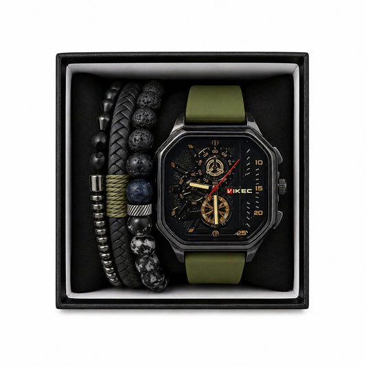 Set format din ceas si doua bratari barbati cadran negru curea verde Roxe