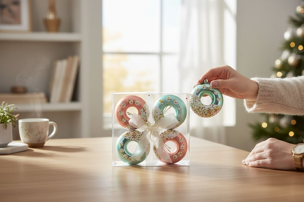 Set Globuri Craciun Tip Donut Diverse Culori cu Sclipici 4 buc, 13.5x13.5cm