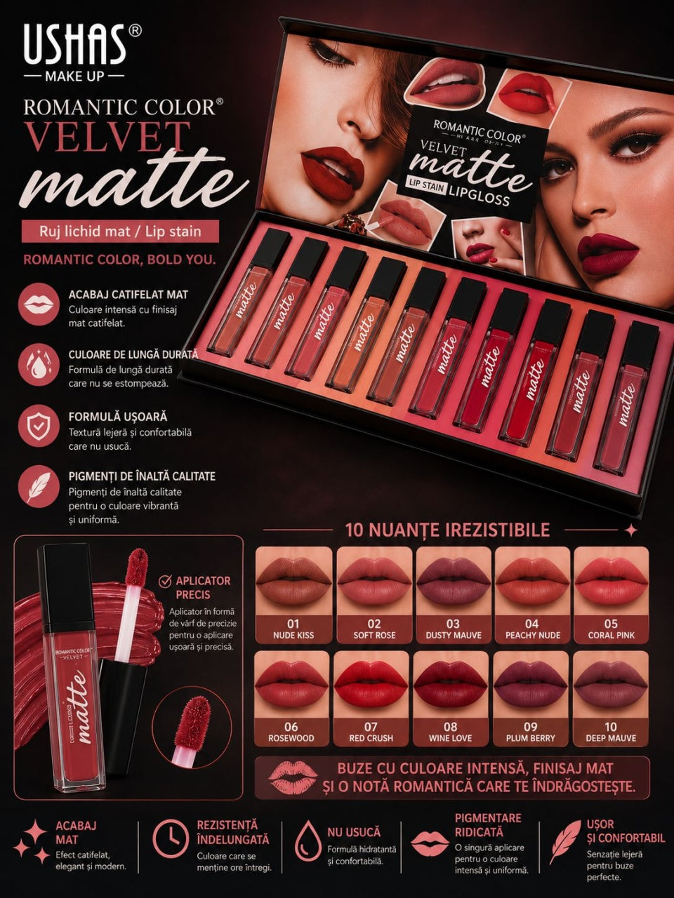 Set Glossuri de Buze Mate Romantic Color Velvet Matte – Nuanțe Elegante, Lip Stain Rezistent,