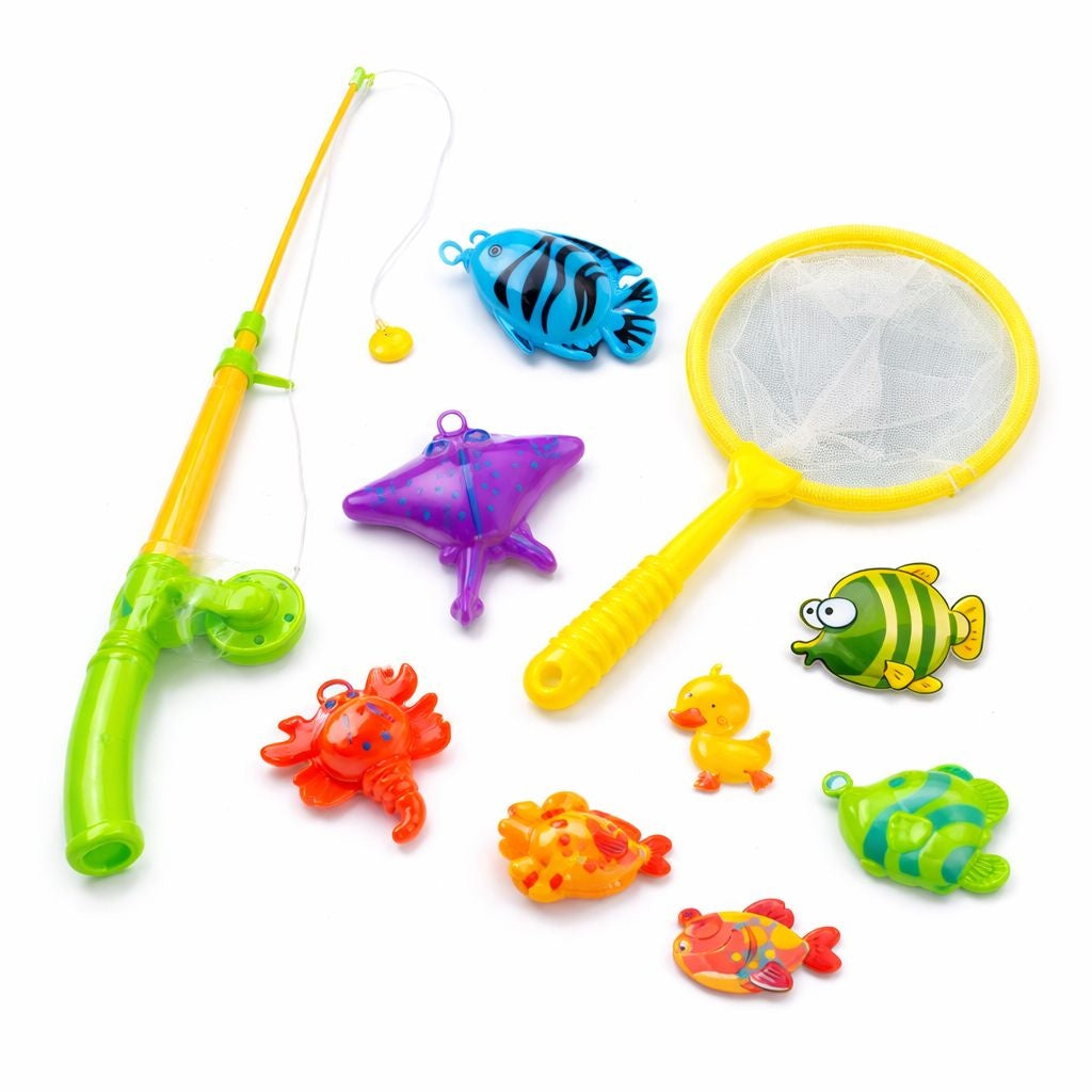 Set joc pescuit pentru copii cu undita, plasa si figurine marine, multicolor, 50x30 cm