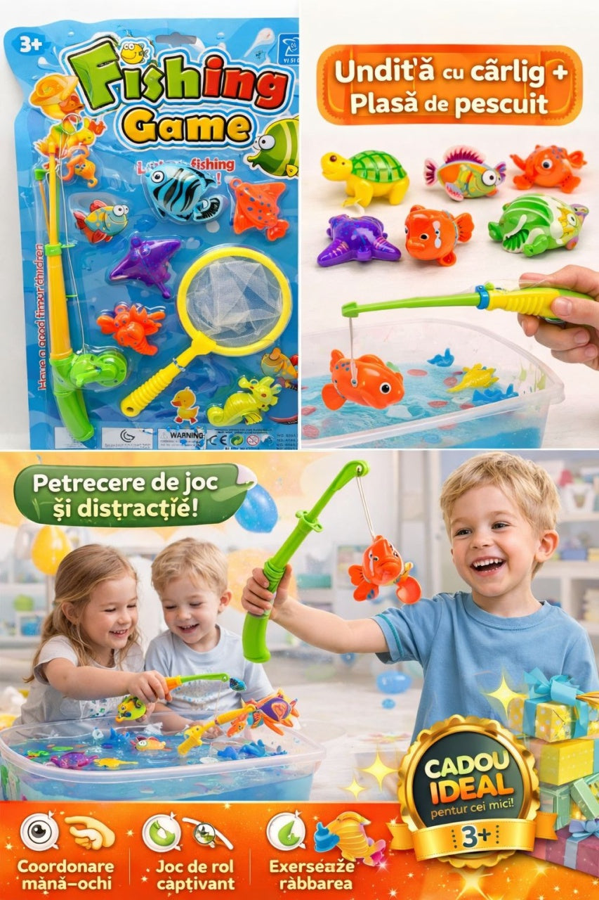 Set joc pescuit pentru copii cu undita, plasa si figurine marine, multicolor, 50x30 cm
