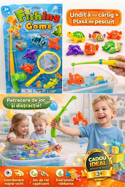 Set joc pescuit pentru copii cu undita, plasa si figurine marine, multicolor, 50x30 cm