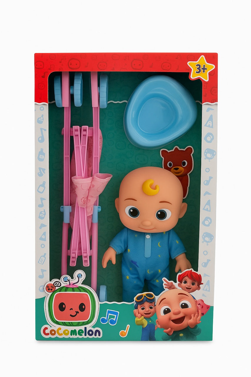 Set Jucarie CoComelon , Papusa JJ in Pijamale Albastre cu Carucior si Olita, 38x23 cm, 3+