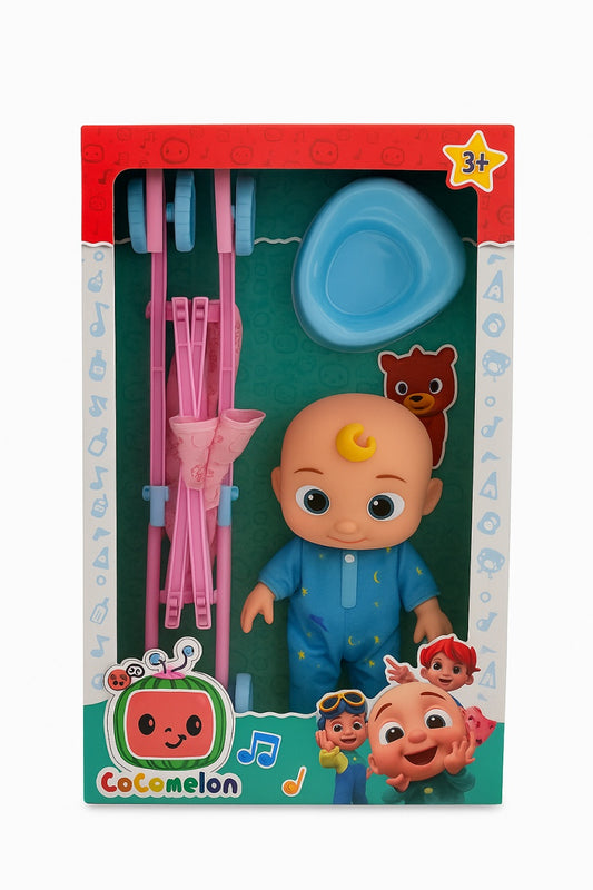Set Jucarie CoComelon , Papusa JJ in Pijamale Albastre cu Carucior si Olita, 38x23 cm, 3+