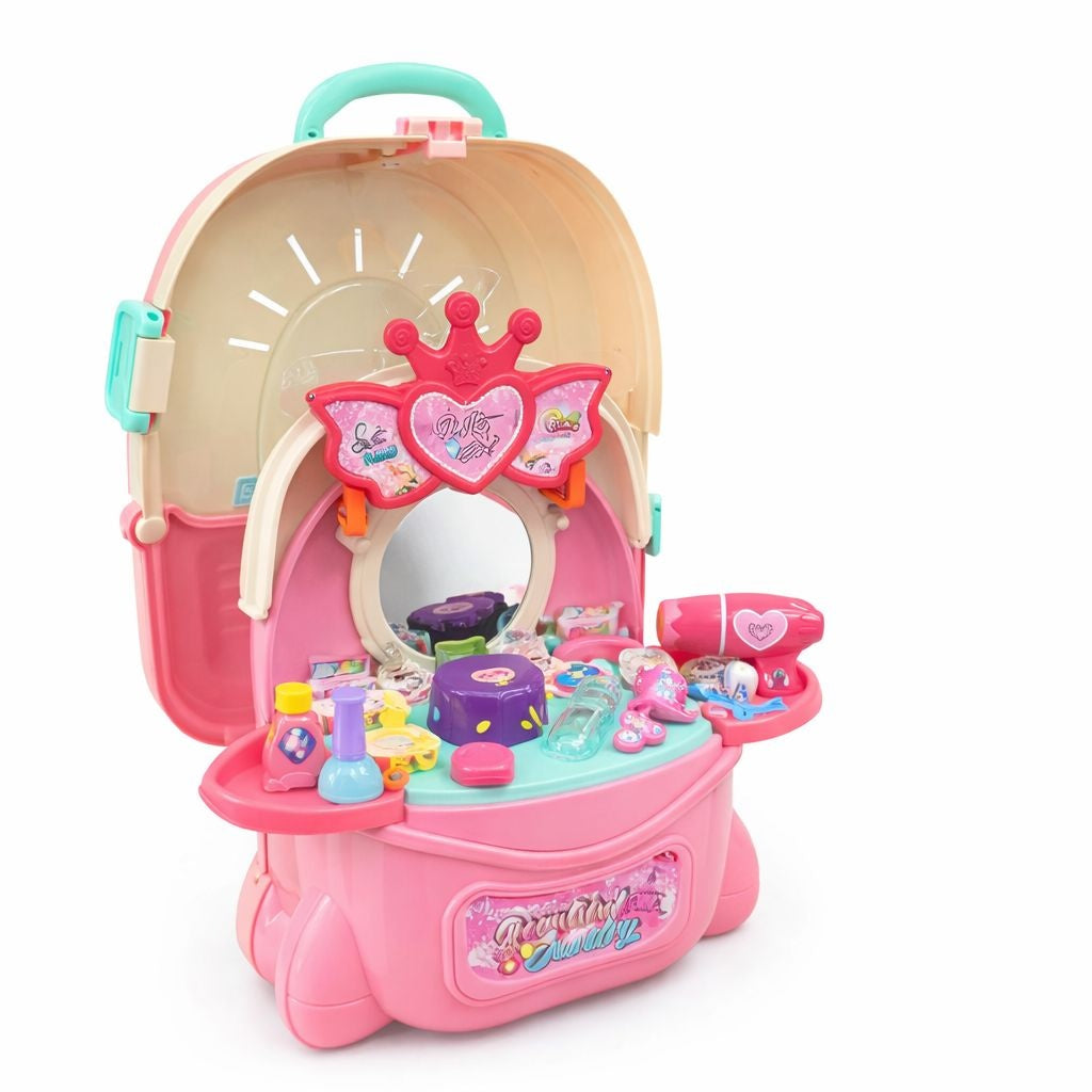 Set jucarie fete, masuta bijuterii si accesorii, tip ghiozdan, 35cm
