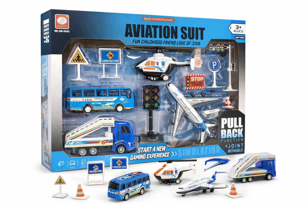 Set jucarii aeroport -avion, elicopter, masini si accesorii trafic