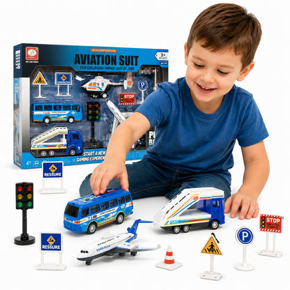 Set jucarii aeroport -avion, elicopter, masini si accesorii trafic