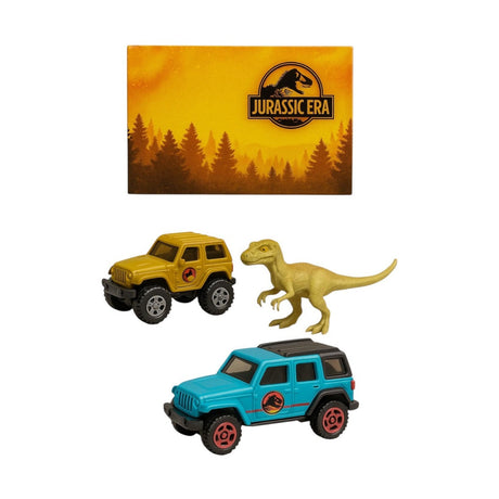 Set Jucarii Jurassic Era 3 Piese , 2 Masinute Off-Road si 1 Dinozaur , Plastic Multicolor
