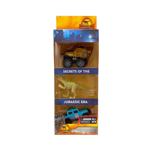 Set Jucarii Jurassic Era 3 Piese , 2 Masinute Off-Road si 1 Dinozaur , Plastic Multicolor