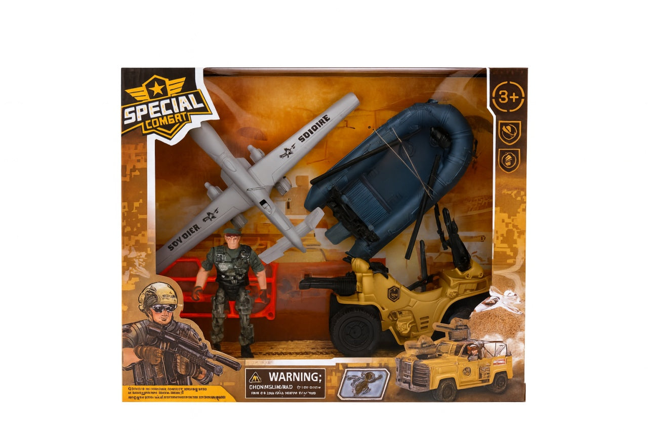 Set Jucarii Militari Special Combat , Avion, Barca, Vehicul Tactic si Soldat, 27x23 cm