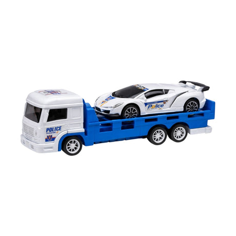 Set Jucării Transportor Platformă și Mașină de Poliție, Plastic, 33 cm, Albastru