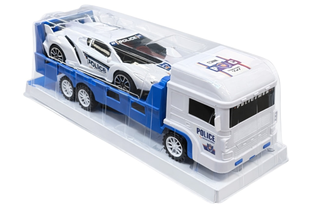 Set Jucării Transportor Platformă și Mașină de Poliție, Plastic, 33 cm, Albastru