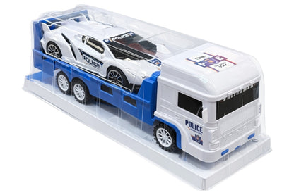 Set Jucării Transportor Platformă și Mașină de Poliție, Plastic, 33 cm, Albastru