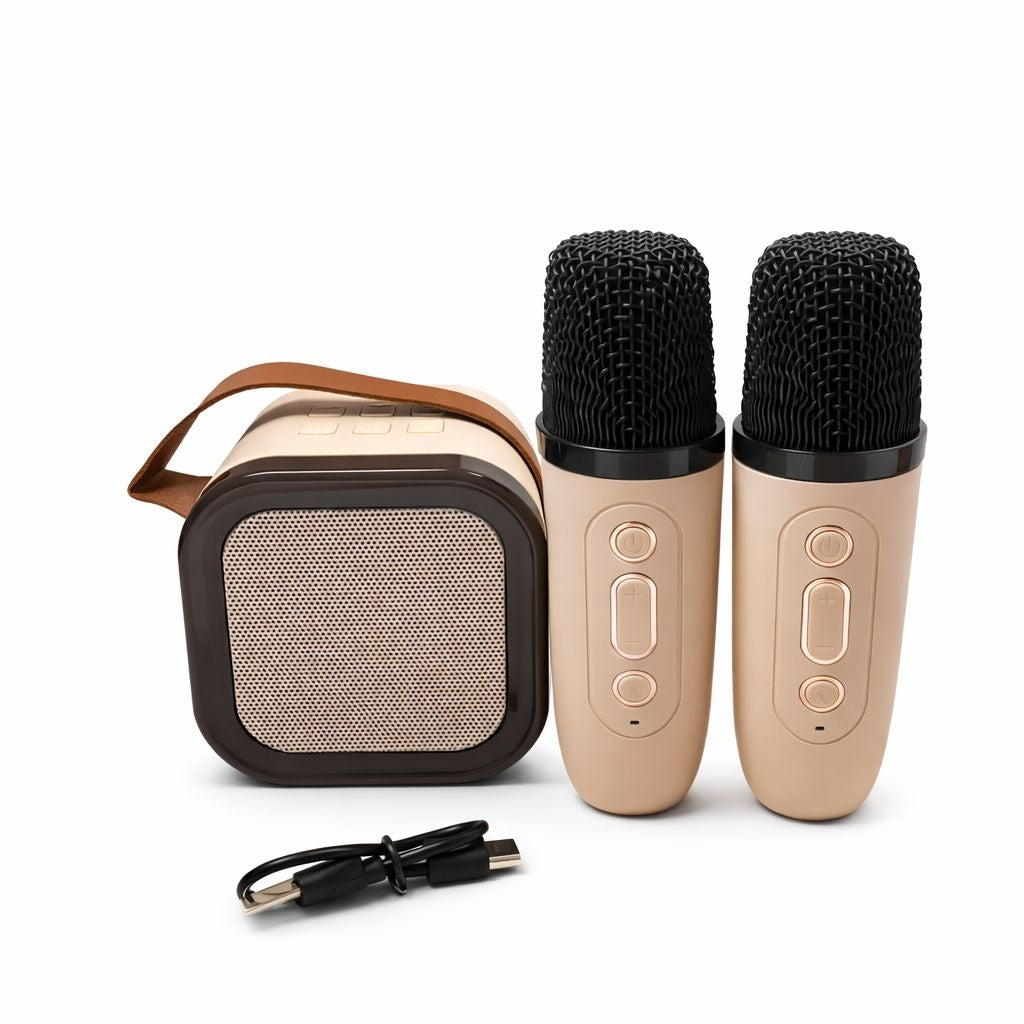 Set karaoke portabil cu 2 microfoane wireless si boxa Bluetooth, model K12, bej