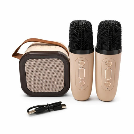 Set karaoke portabil cu 2 microfoane wireless si boxa Bluetooth, model K12, bej