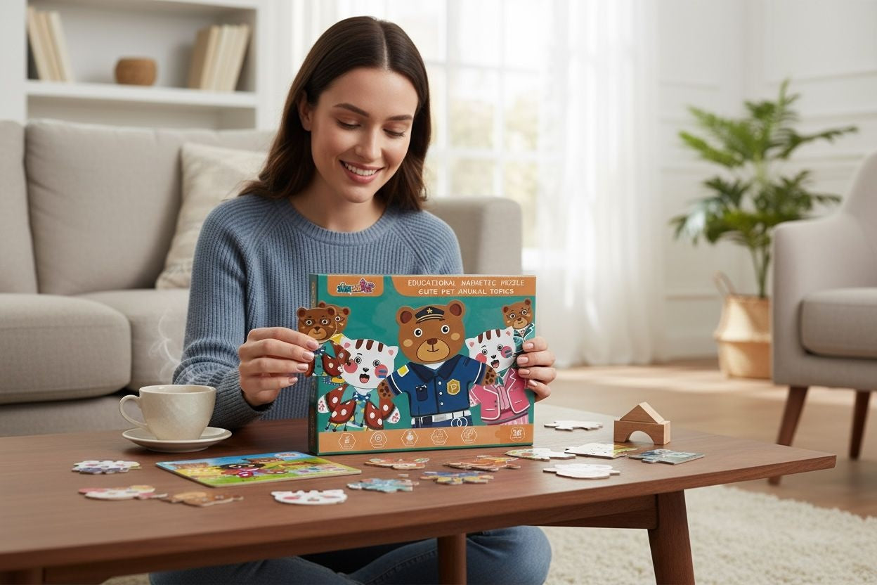 Set Magnetic Educativ cu Puzzle si Tablita de Scris , Cute Pet Animal Topics, 22.5x16.5cm