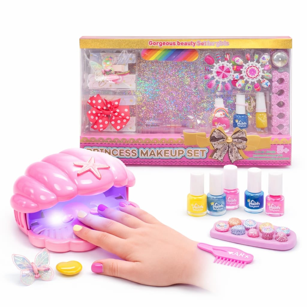 Set manichiura fetite cu lampa uscare, unghii false si accesorii, roz