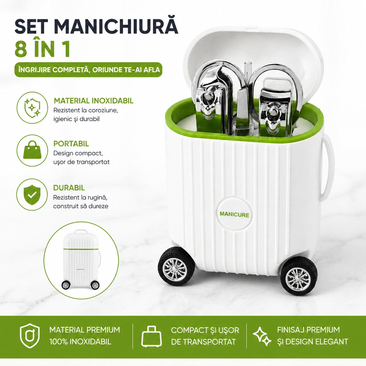 Set Manichiură Profesional cu Husă Troller Alb – Kit Portabil pentru Îngrijirea Unghiilor