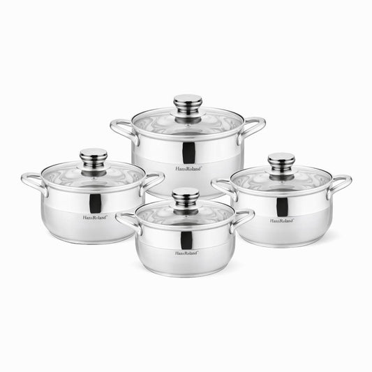 Set oale din oțel inoxidabil cu capace din sticlă, 8 piese, compatibil inducție