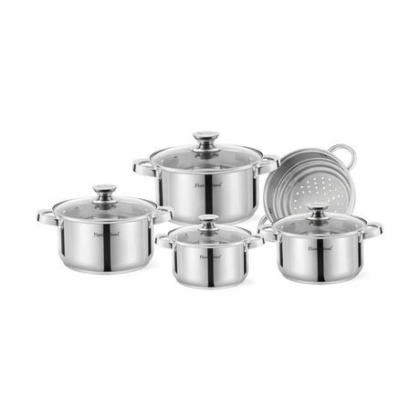 Set oale din oțel inoxidabil cu capace din sticlă și strecurătoare, 9 piese, Argintiu