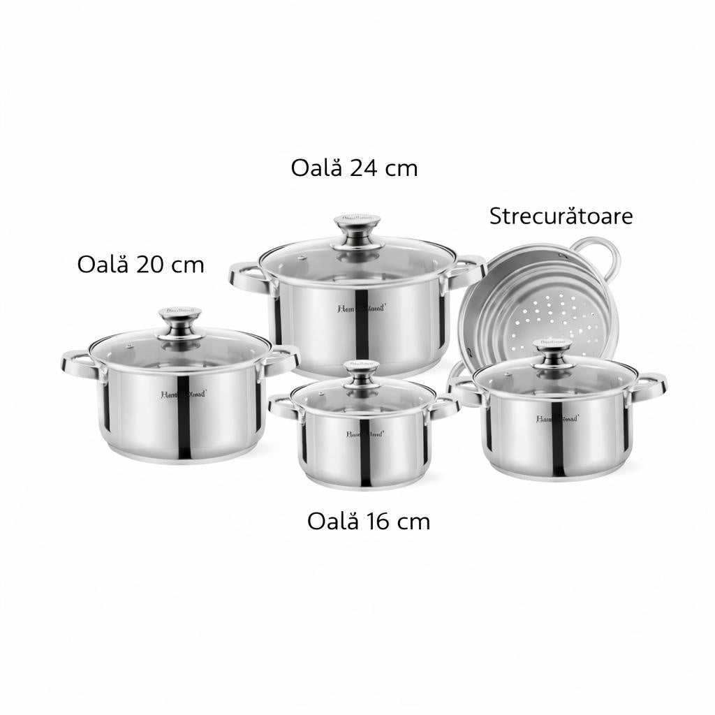 Set oale din oțel inoxidabil cu capace din sticlă și strecurătoare, 9 piese, Argintiu
