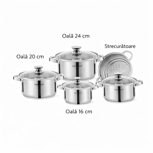Set oale din oțel inoxidabil cu capace din sticlă și strecurătoare, 9 piese, Argintiu