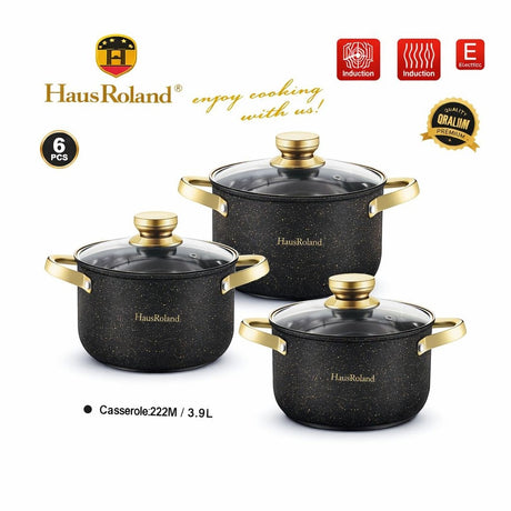 Set oale HausRoland cu înveliș granitat și capace din sticlă, 6 piese, negru