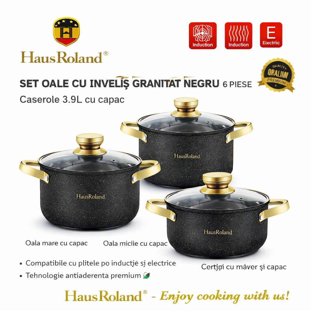 Set oale HausRoland cu înveliș granitat și capace din sticlă, 6 piese, negru