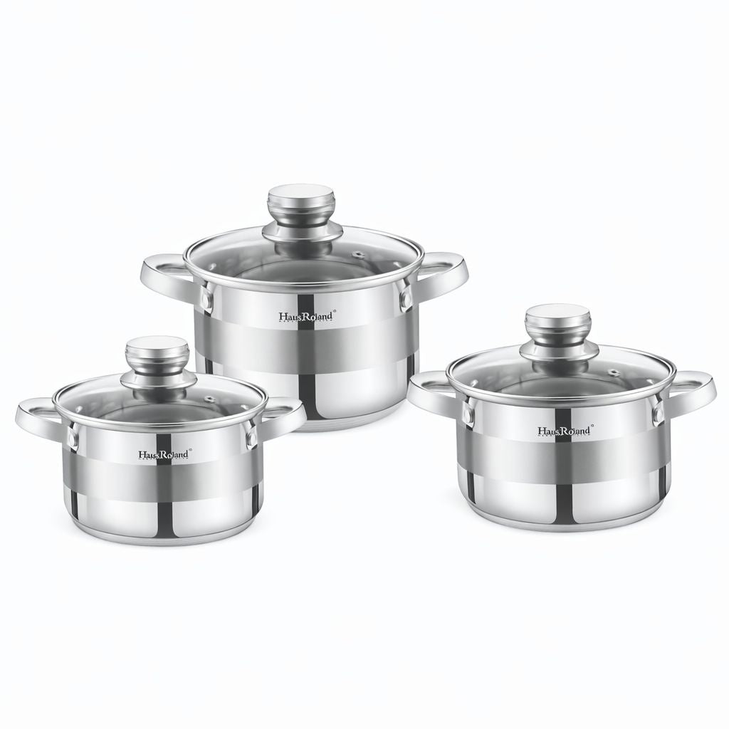 Set oale HausRoland din oțel inoxidabil cu capace din sticlă, 3 piese, compatibil inducție