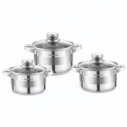 Set oale HausRoland din oțel inoxidabil cu capace din sticlă, 3 piese, compatibil inducție