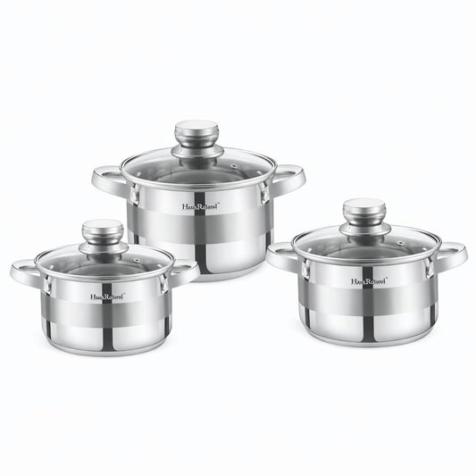 Set oale HausRoland din oțel inoxidabil cu capace din sticlă, 3 piese, compatibil inducție