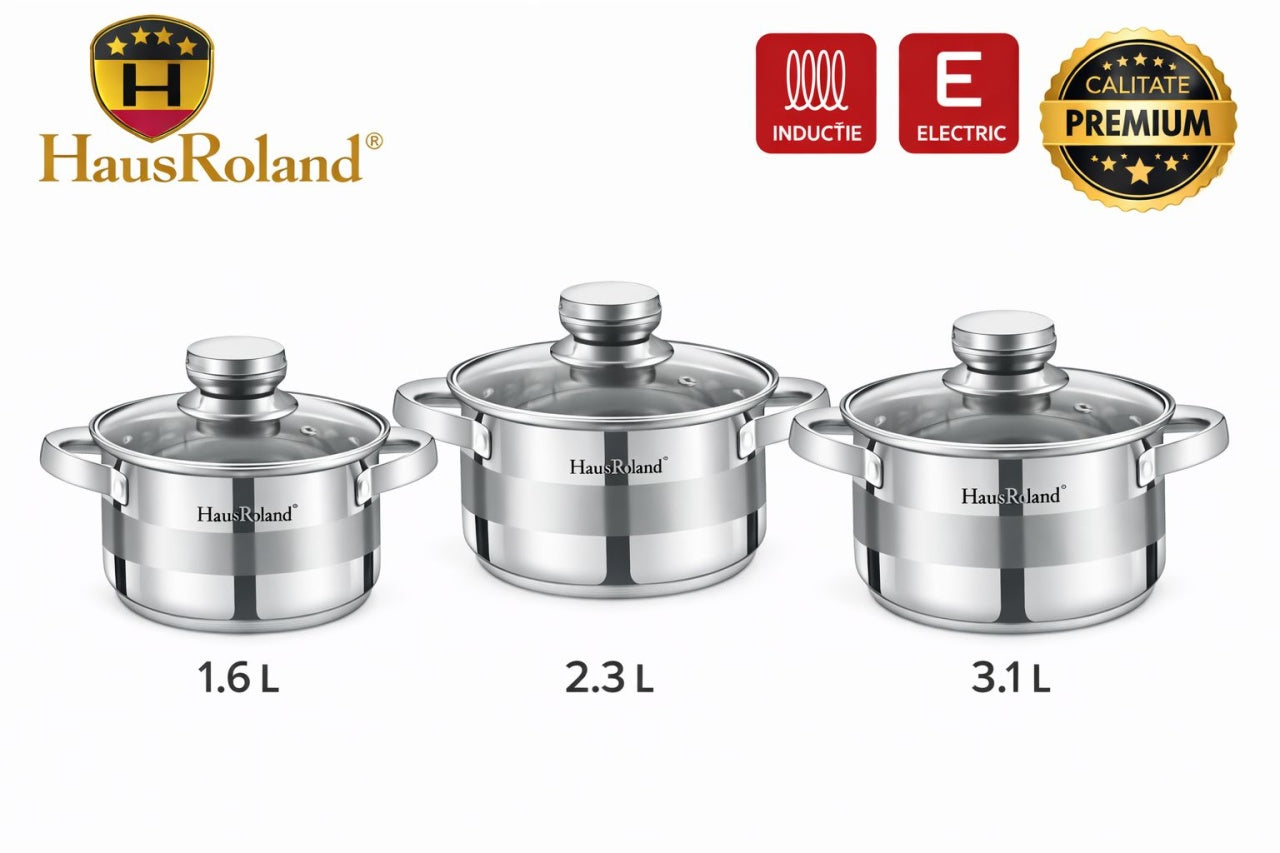Set oale HausRoland din oțel inoxidabil cu capace din sticlă, 3 piese, compatibil inducție