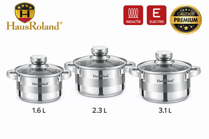 Set oale HausRoland din oțel inoxidabil cu capace din sticlă, 3 piese, compatibil inducție