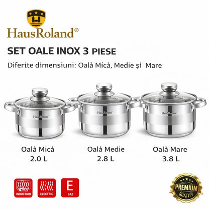 Set oale HausRoland din oțel inoxidabil cu capace din sticlă, 3 piese, compatibil inducție