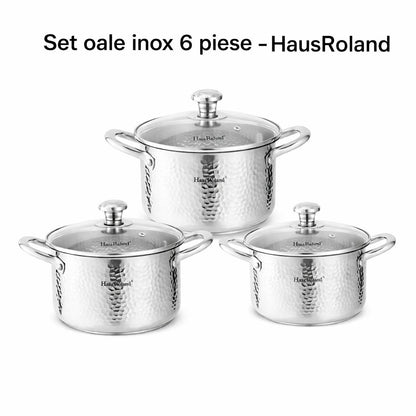 Set oale HausRoland din oțel inoxidabil texturat cu capace din sticlă, 6 piese