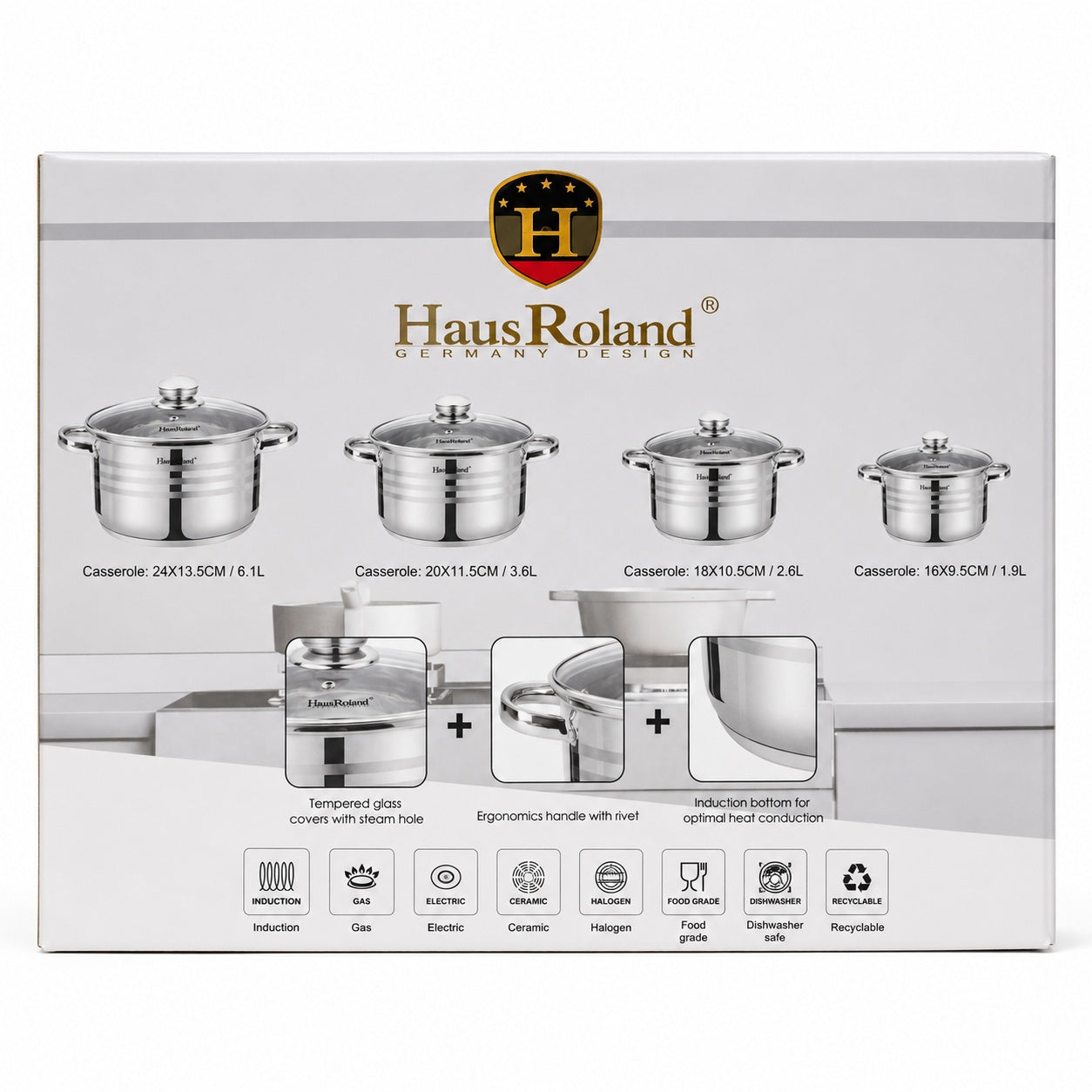 Set oale inox 8 piese HausRoland cu capac sticla, 1.9L–6.1L
