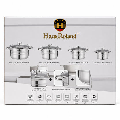 Set oale inox 8 piese HausRoland cu capac sticla, 1.9L–6.1L